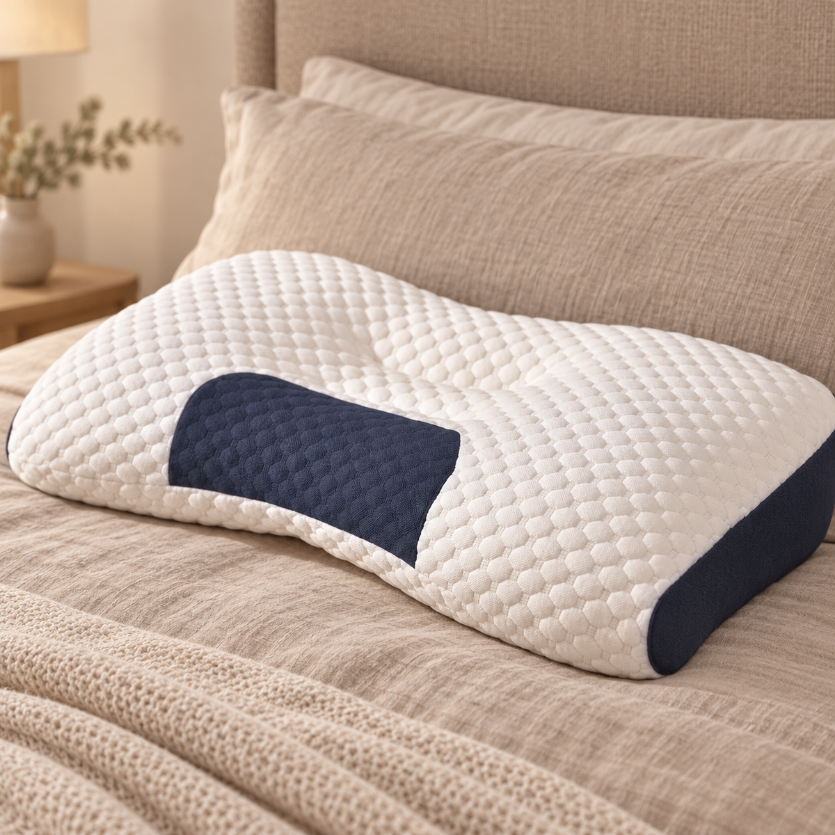 Una almohada cervical blanca con panel azul oscuro sobre una cama de tonos cálidos
