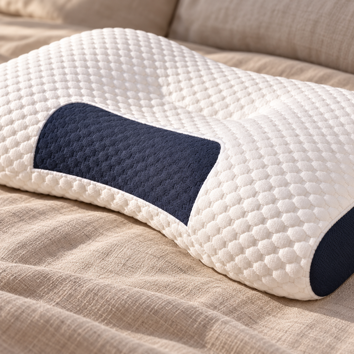 Detalle del tejido blanco con relieve y panel azul de la almohada cervical