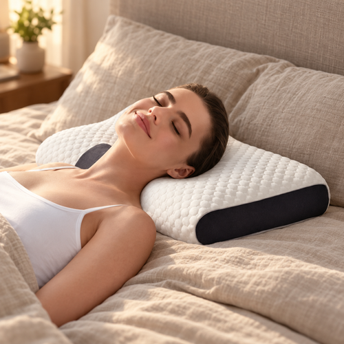 Adulto usando la almohada cervical de contorno sobre una cama