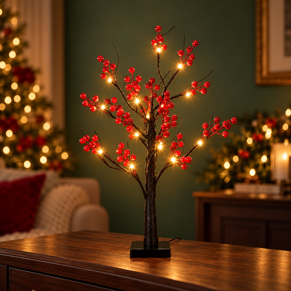 Árbol decorativo de mesa de 55 cm con bayas rojas y luces cálidas