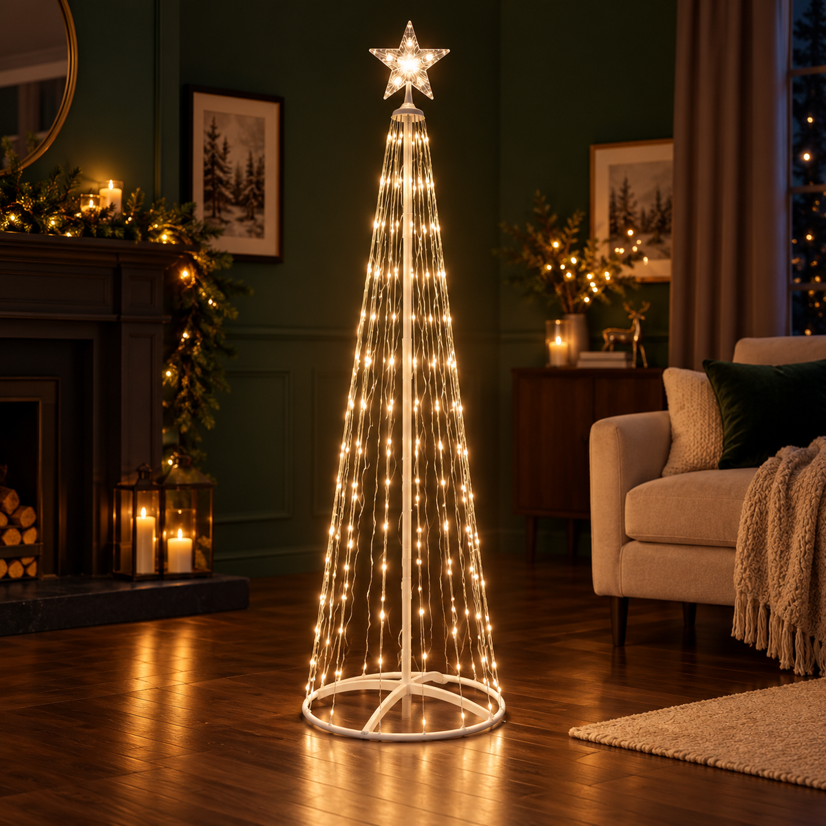 Árbol LED de 1,80 m con estrella y luces cálidas en una sala