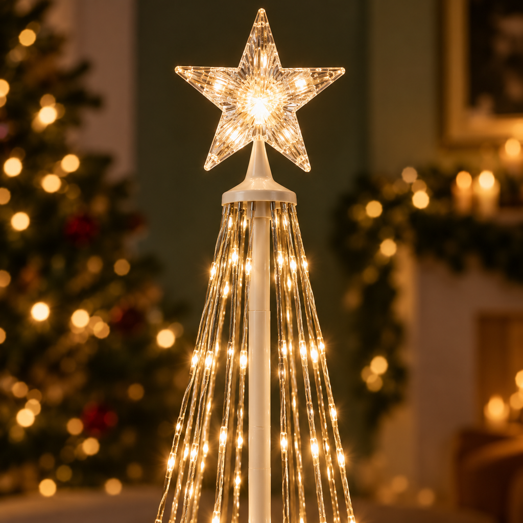 Detalle de la estrella luminosa y las cadenas de luces cálidas
