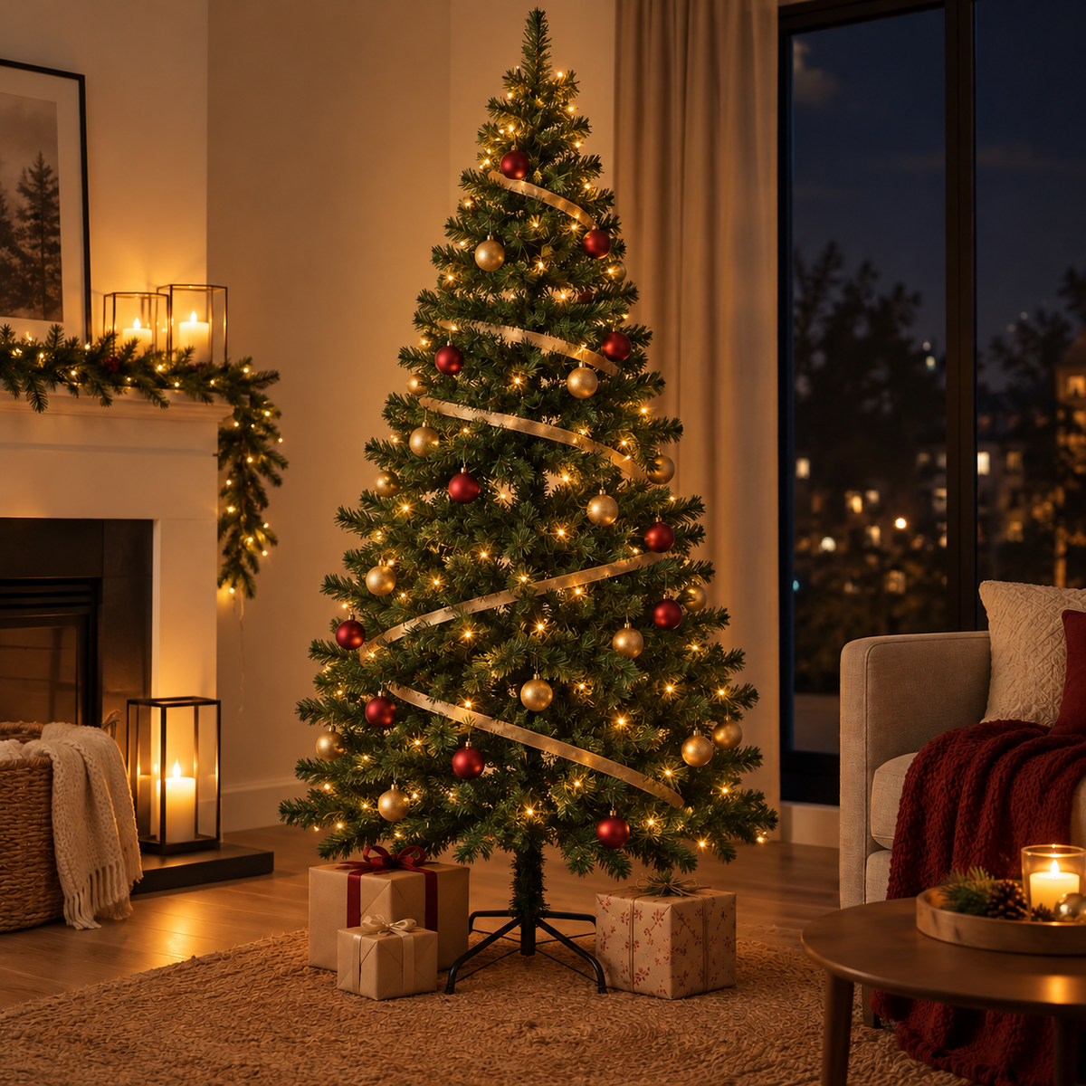Árbol verde de Navidad de 2,40 m ambientado; adornos no incluidos