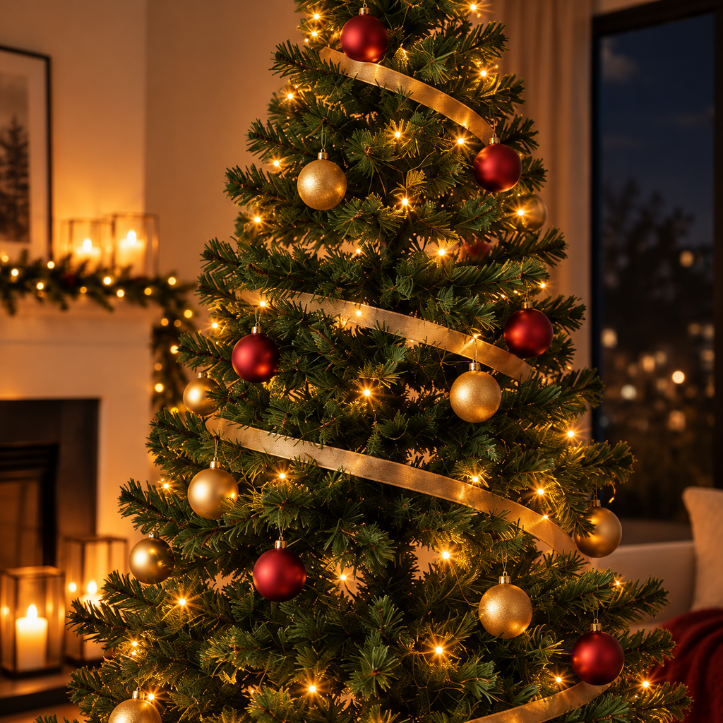 Detalle del follaje verde del árbol; luces y adornos no incluidos
