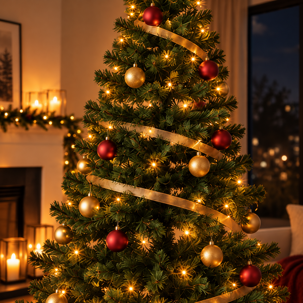 Detalle del follaje verde del árbol; luces y adornos no incluidos