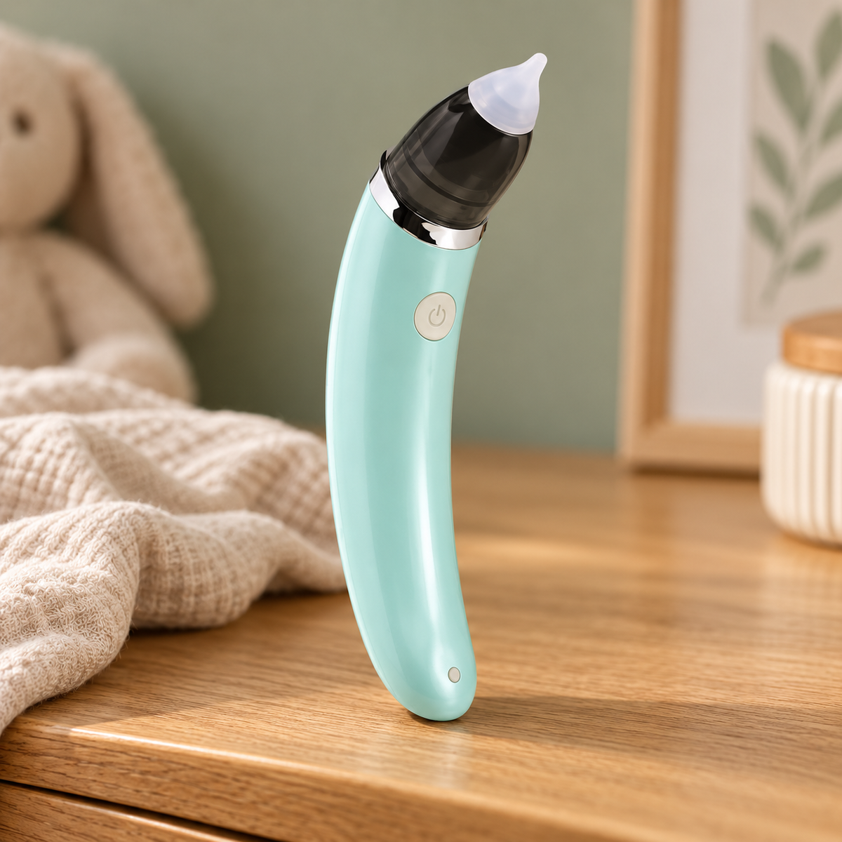 Detalle de punta, cabezal y botón del aspirador nasal verde menta