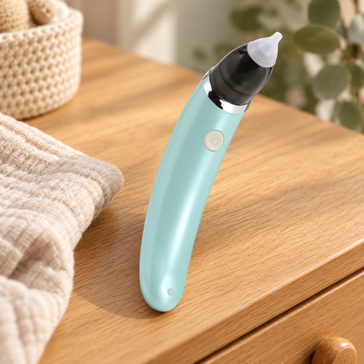 Aspirador nasal eléctrico verde menta sobre cómoda de madera en habitación infantil