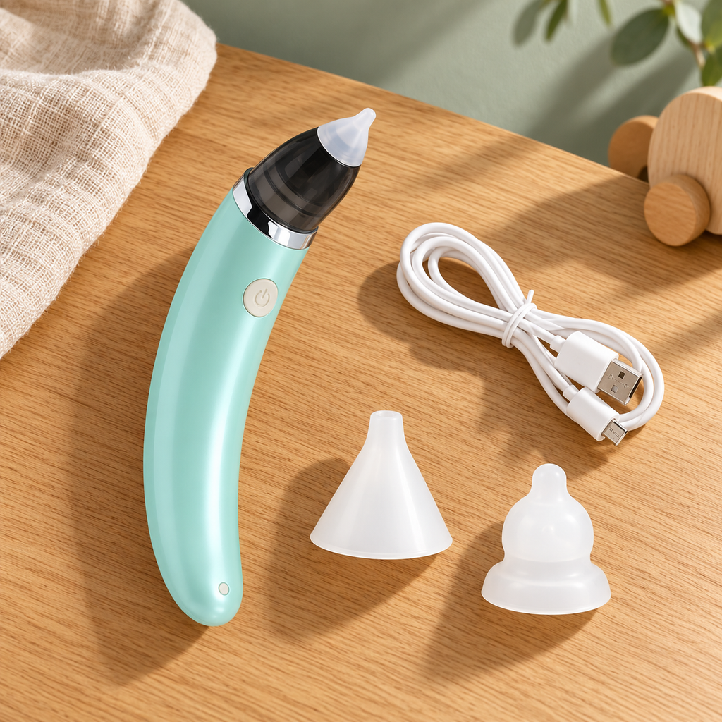 Aspirador nasal verde con cable USB y boquillas sobre mesa de madera