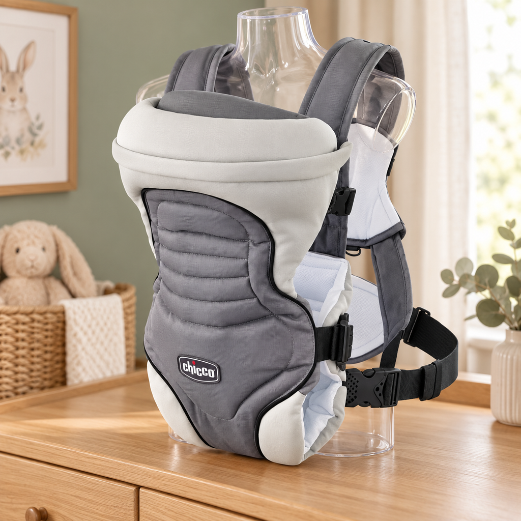 Canguro portabebé gris y gris claro sobre cómoda de madera en habitación infantil