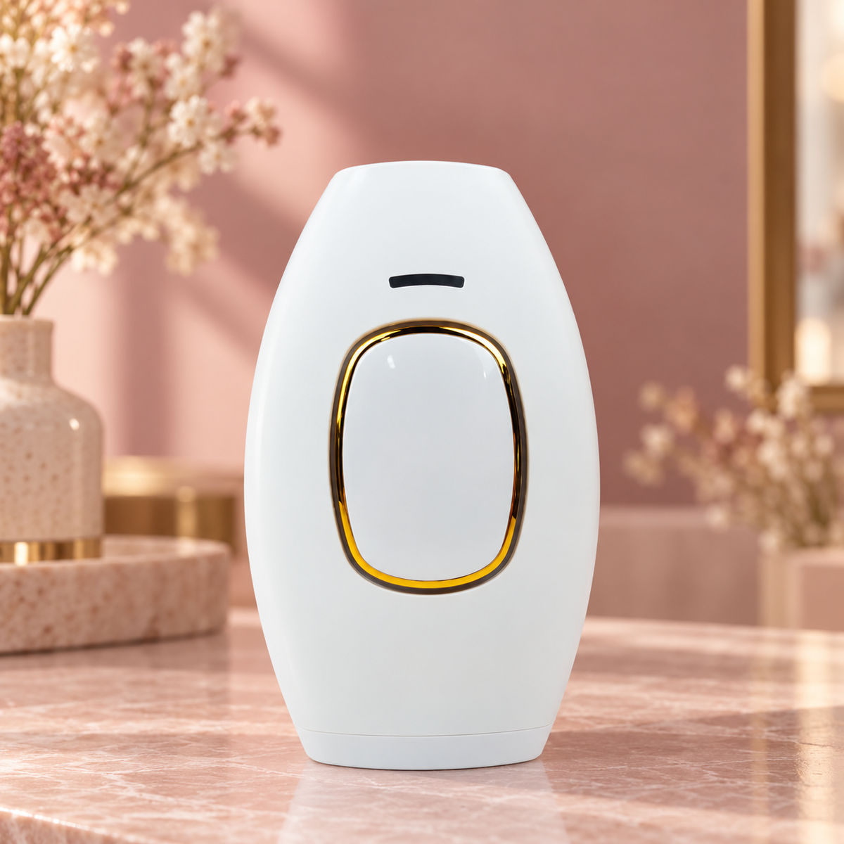 Depiladora IPL compacta blanca con borde dorado sobre un tocador rosado