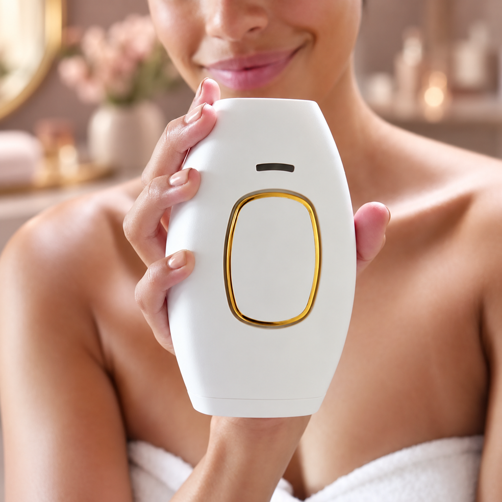 Depiladora IPL compacta sostenida en la mano, sin activarse