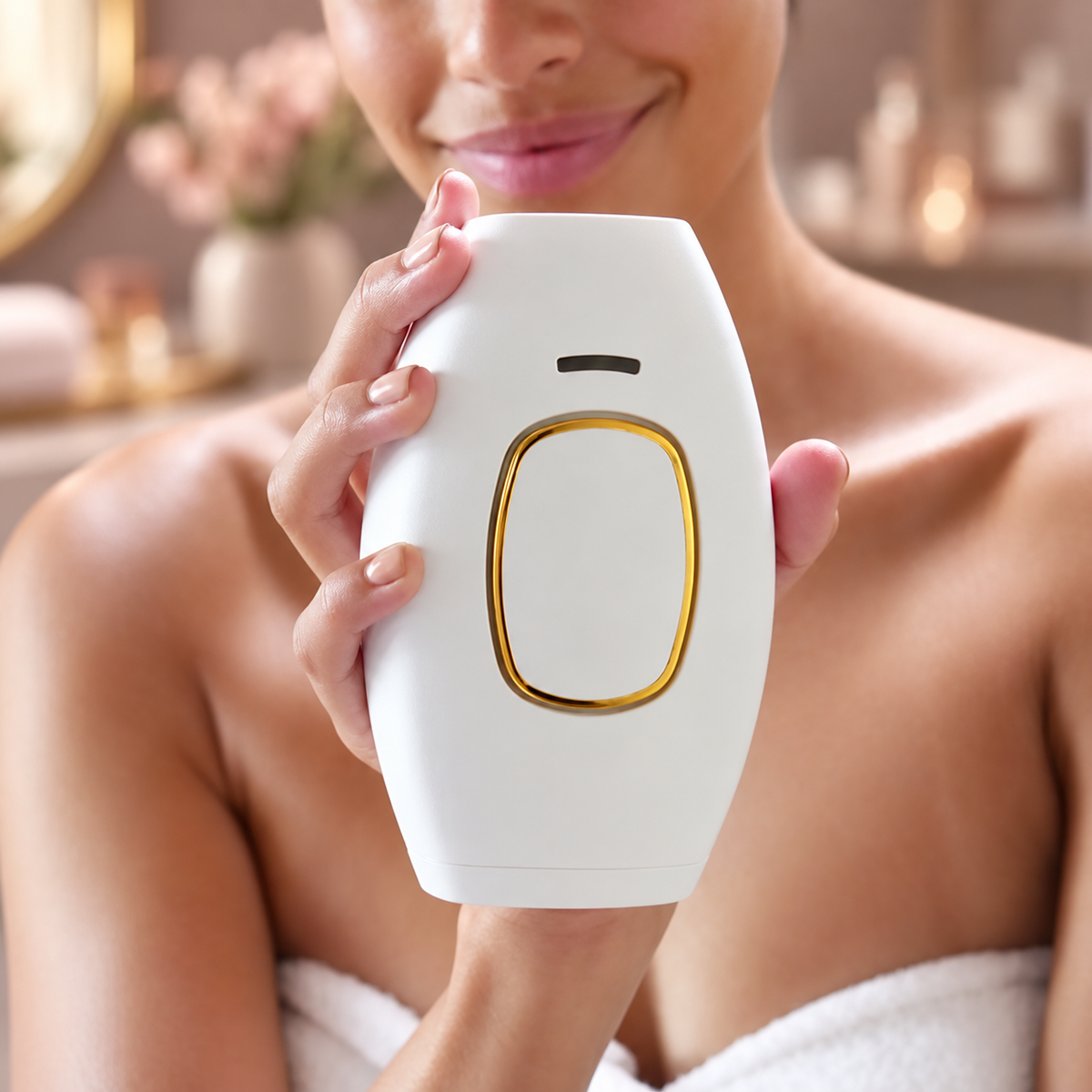 Depiladora IPL compacta sostenida en la mano, sin activarse