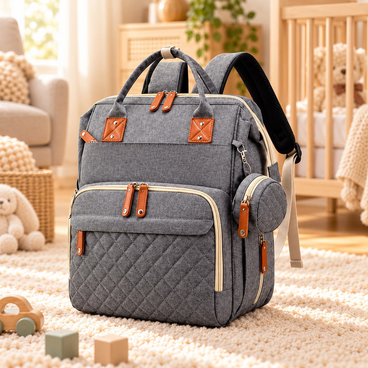 Fotografía individual de mochila pañalera DG036 gris en habitación infantil cálida