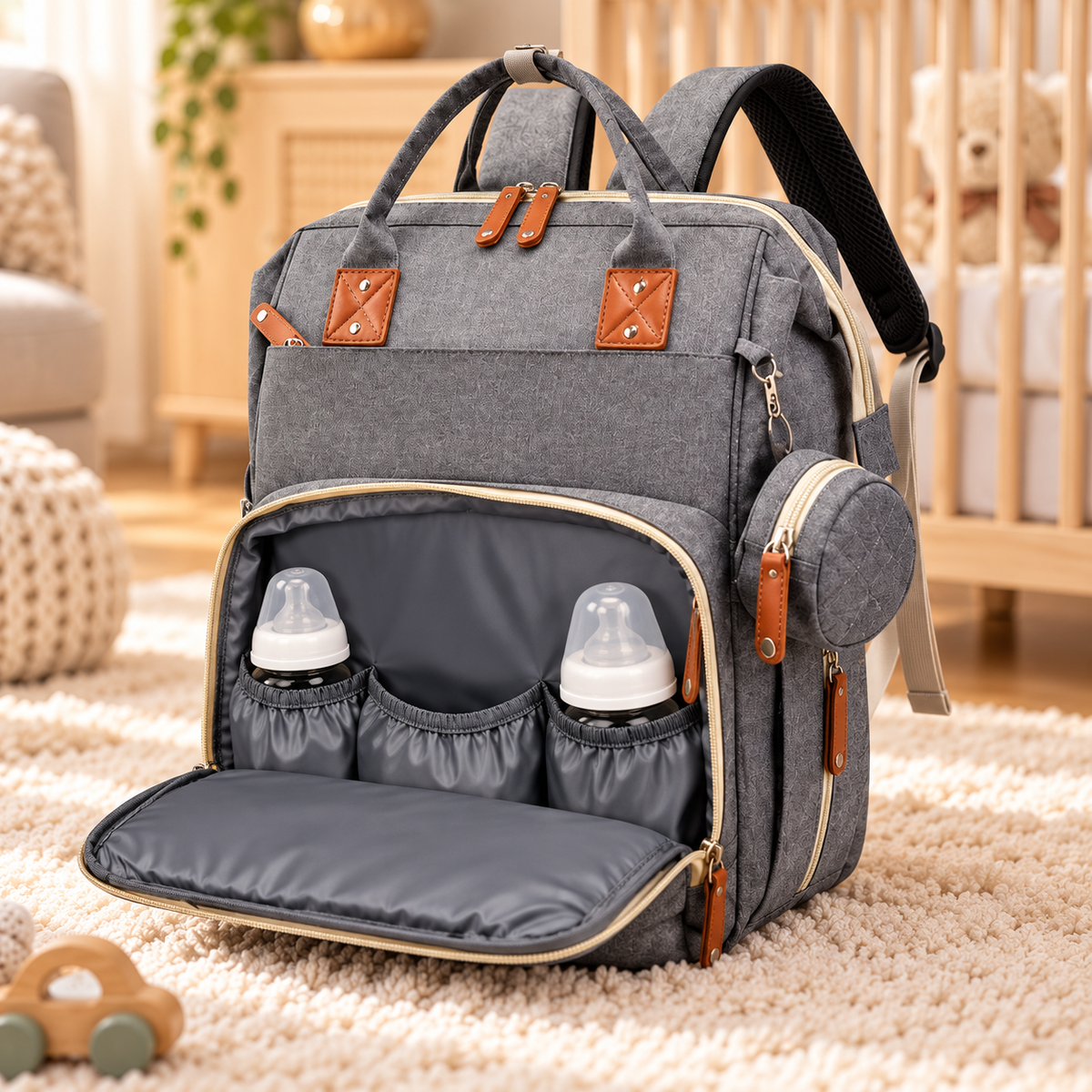 Fotografía individual de mochila pañalera gris con bolsillo frontal abierto