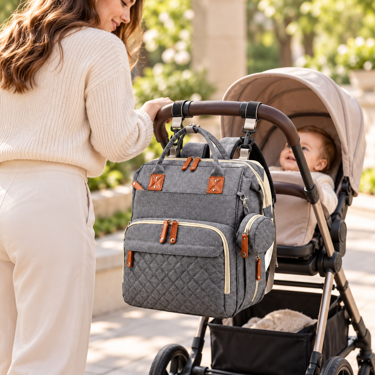 Fotografía individual de morral pañalera gris transportado en cochecito