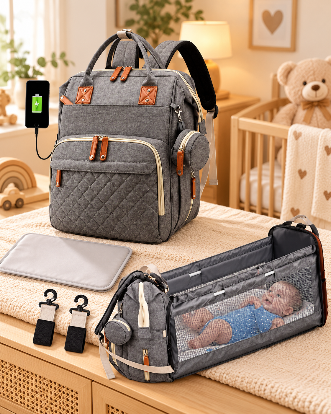 Mochila pañalera gris y módulo desplegable en ambiente cálido