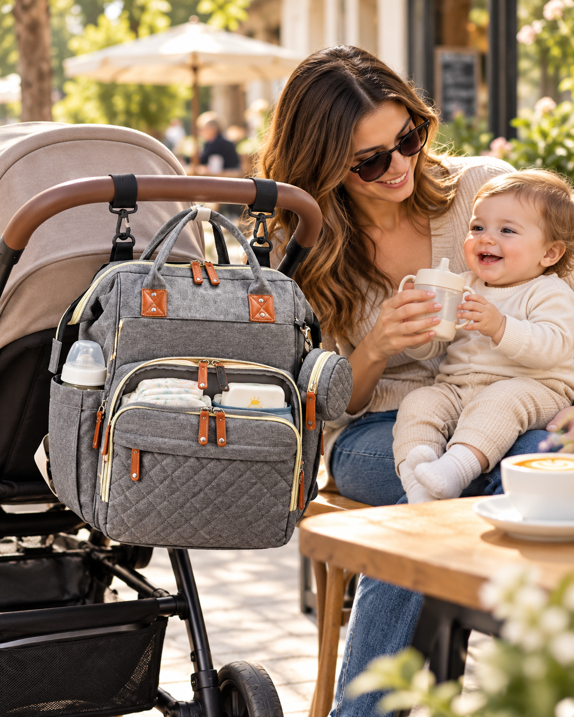 Morral pañalera gris colgado de cochecito en paseo