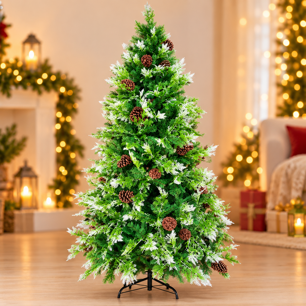 Árbol de Navidad de 2,10 m con puntas nevadas y piñas decorativas