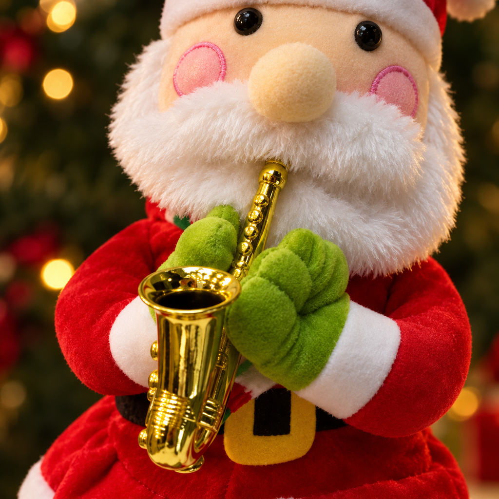 Detalle del saxofón dorado y la felpa del Papá Noel