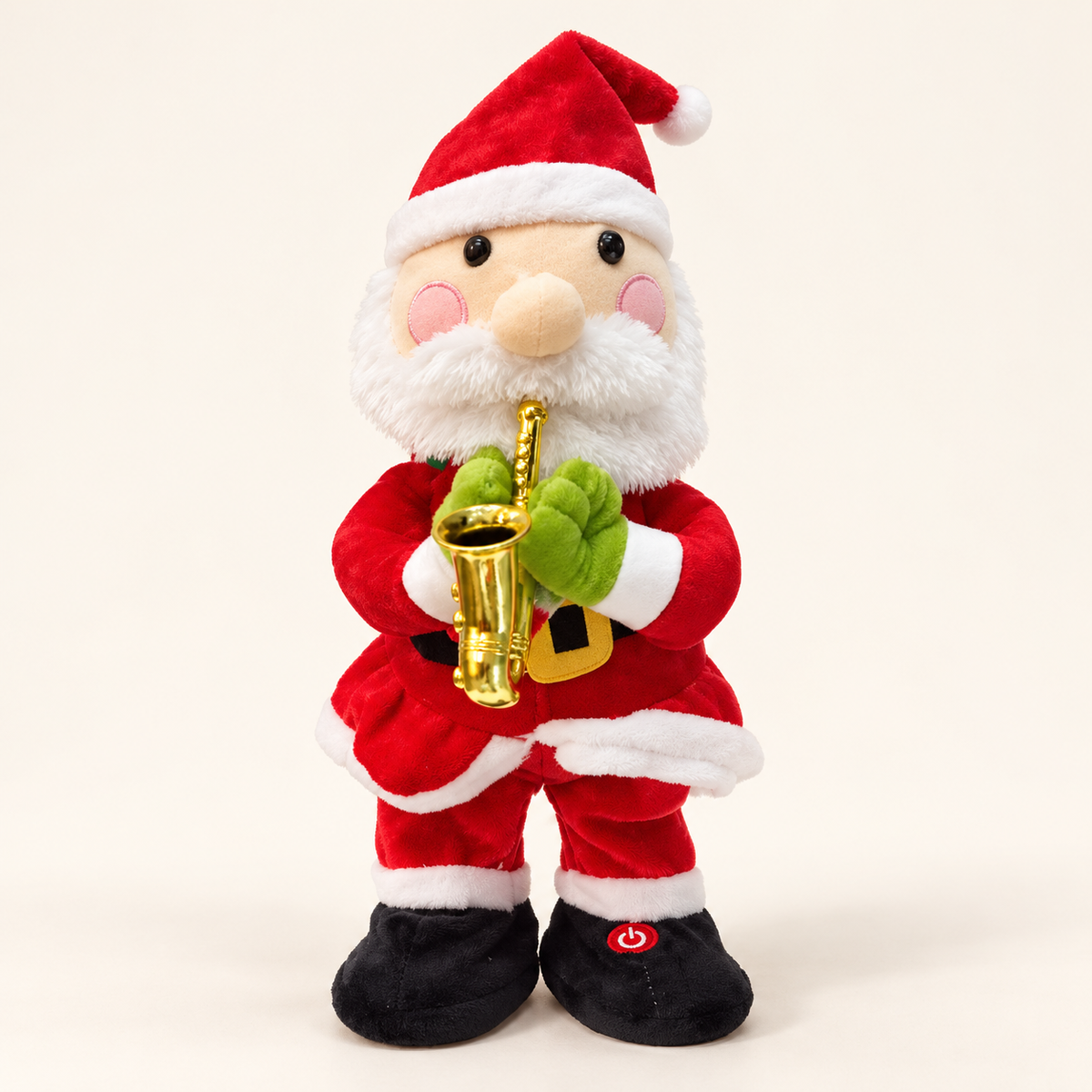 Papá Noel musical con saxofón, vista completa sobre fondo crema