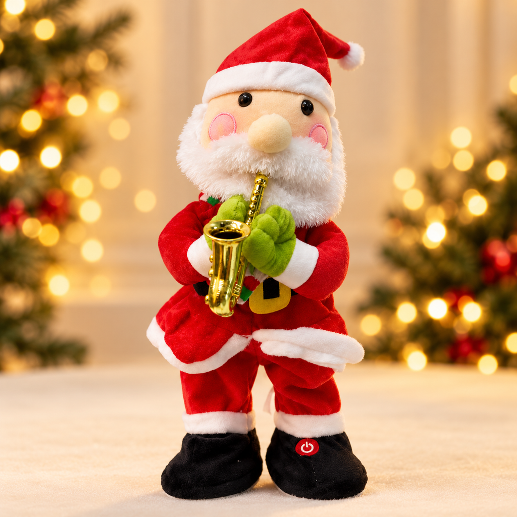 Papá Noel musical con saxofón dorado y traje rojo