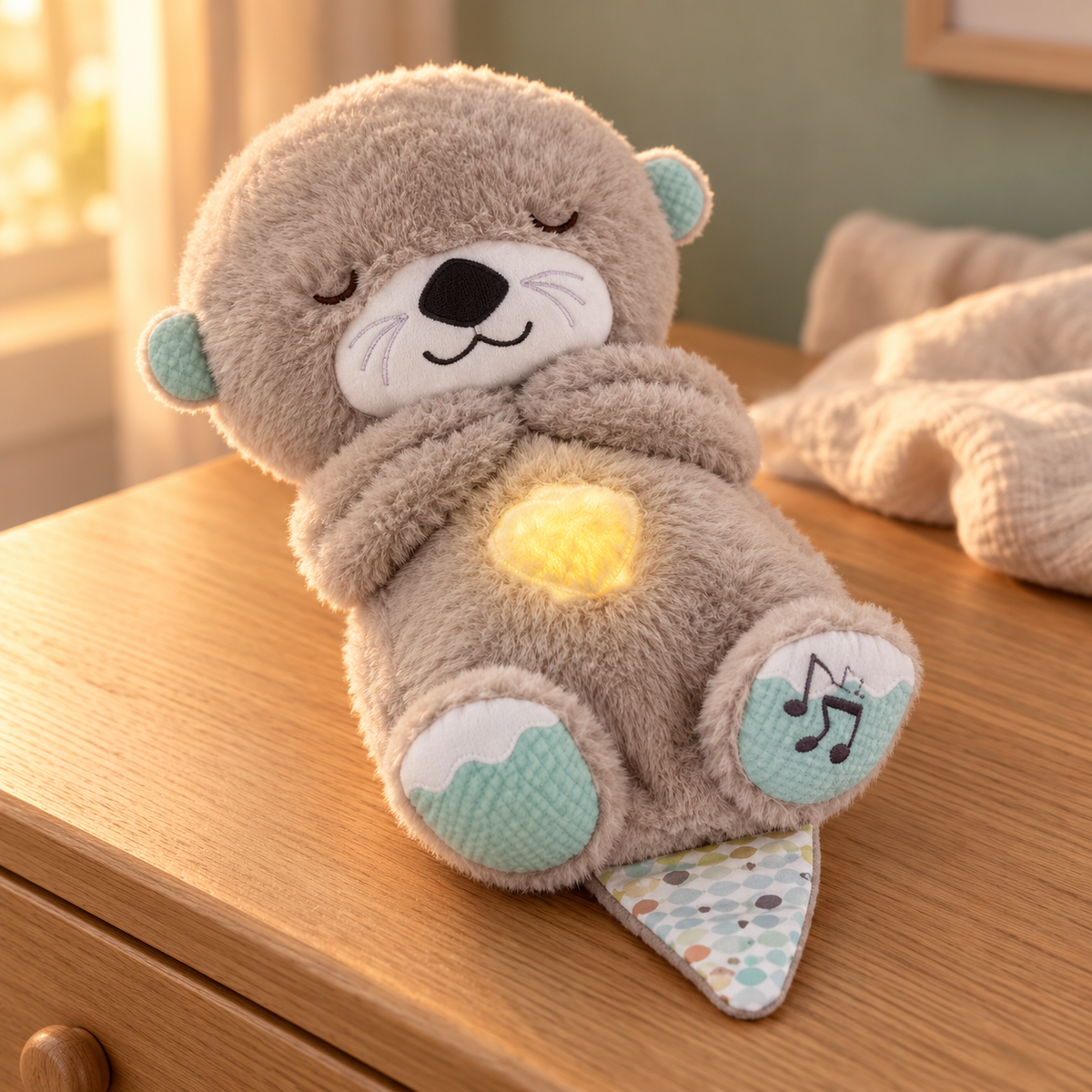 Nutria dormilona de peluche con luz en ambiente infantil