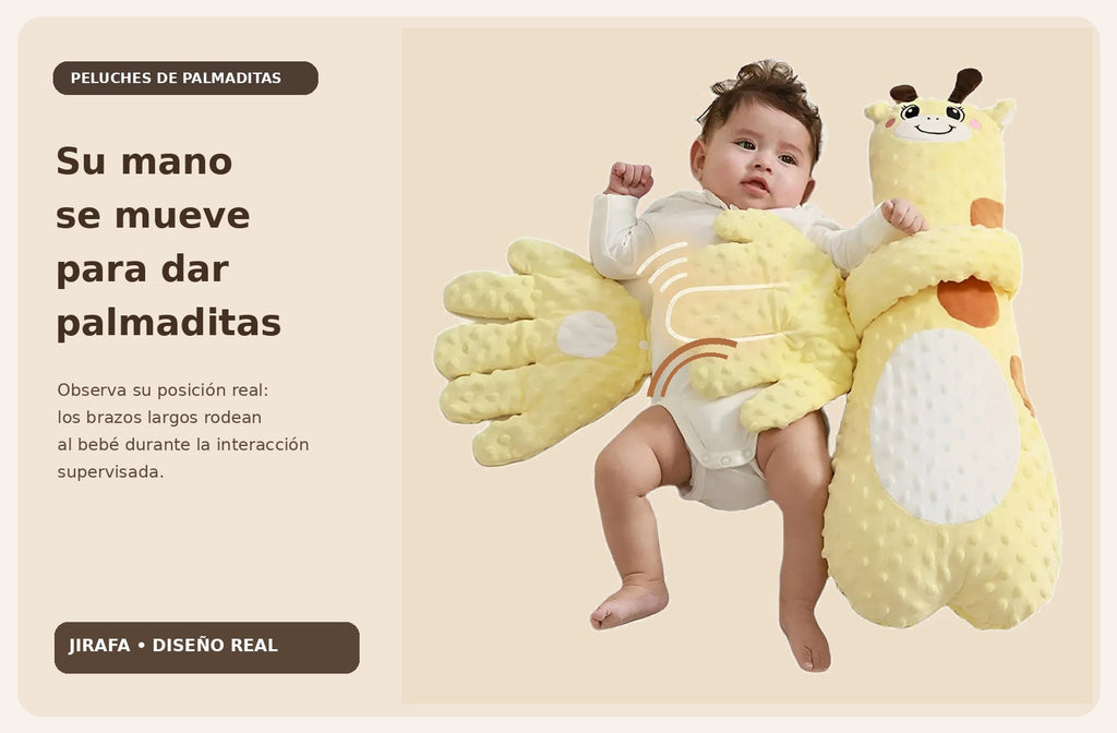 Demostración con fotografía real de jirafa de palmaditas; brazos largos y posición de la mano que se mueve