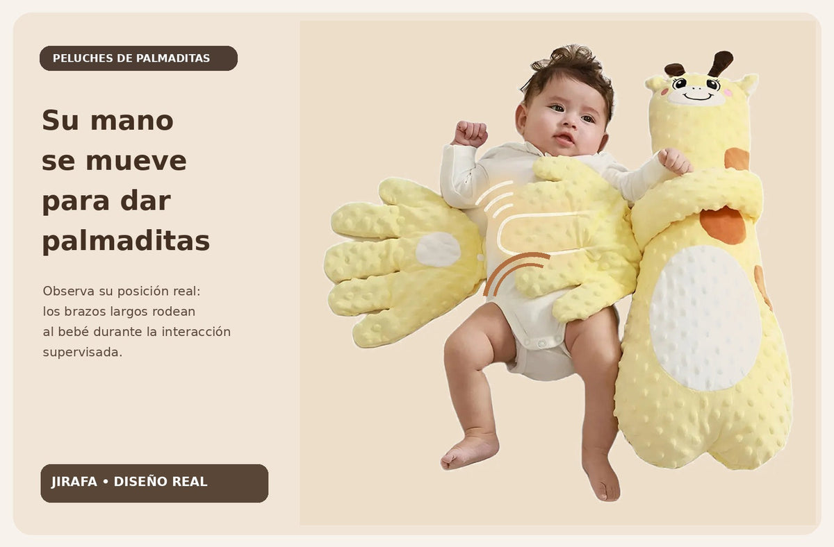 Demostración con fotografía real de jirafa de palmaditas; brazos largos y posición de la mano que se mueve