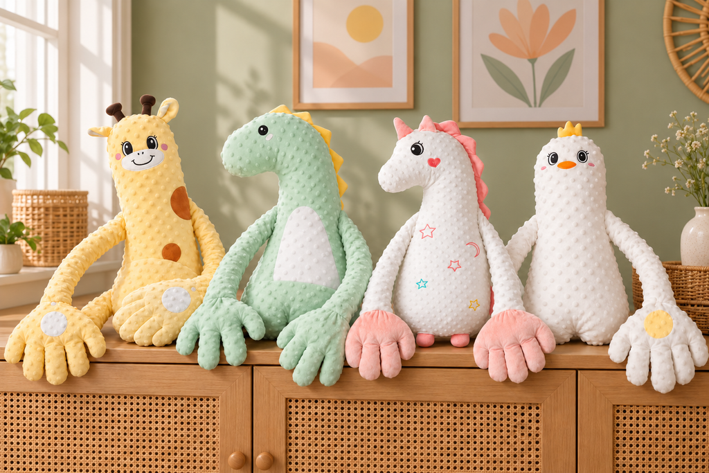 Cuatro diseños de peluche de palmadas: Jirafa, Dinosaurio, Unicornio y Pollo; venta por unidad