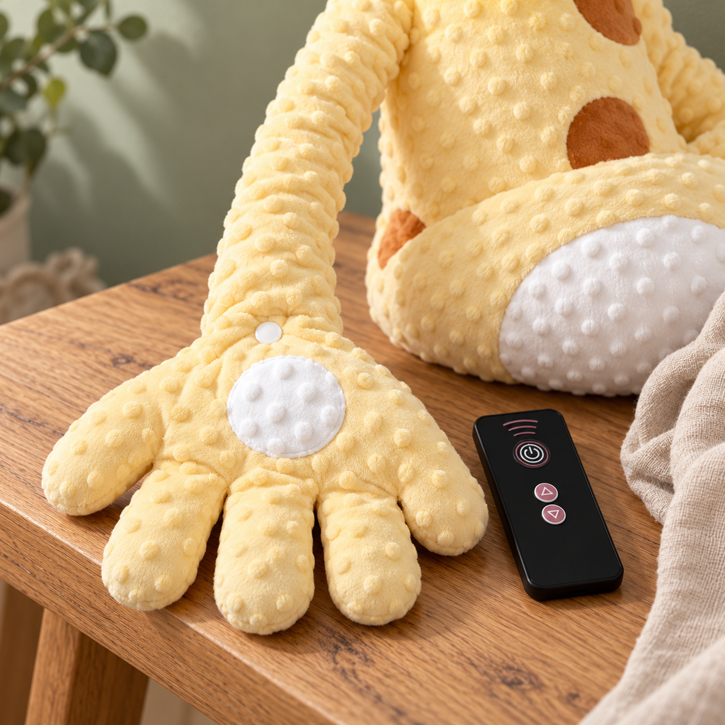 Detalle de mano, textura y control del peluche Jirafa