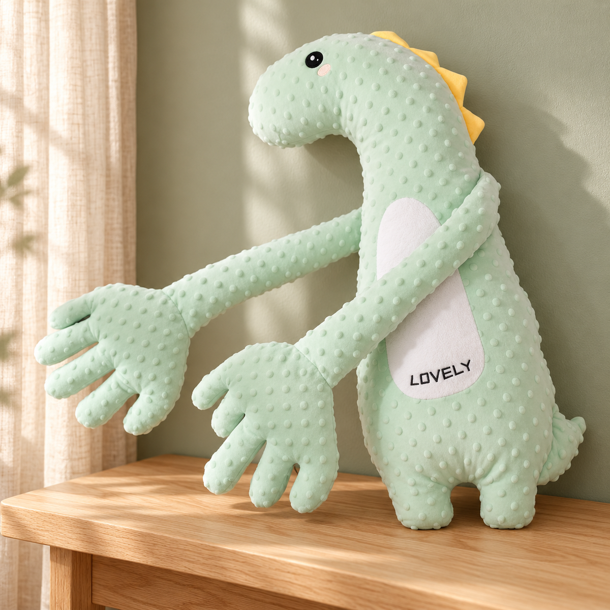 Peluche de palmadas diseño Dinosaurio verde menta sobre banco de madera