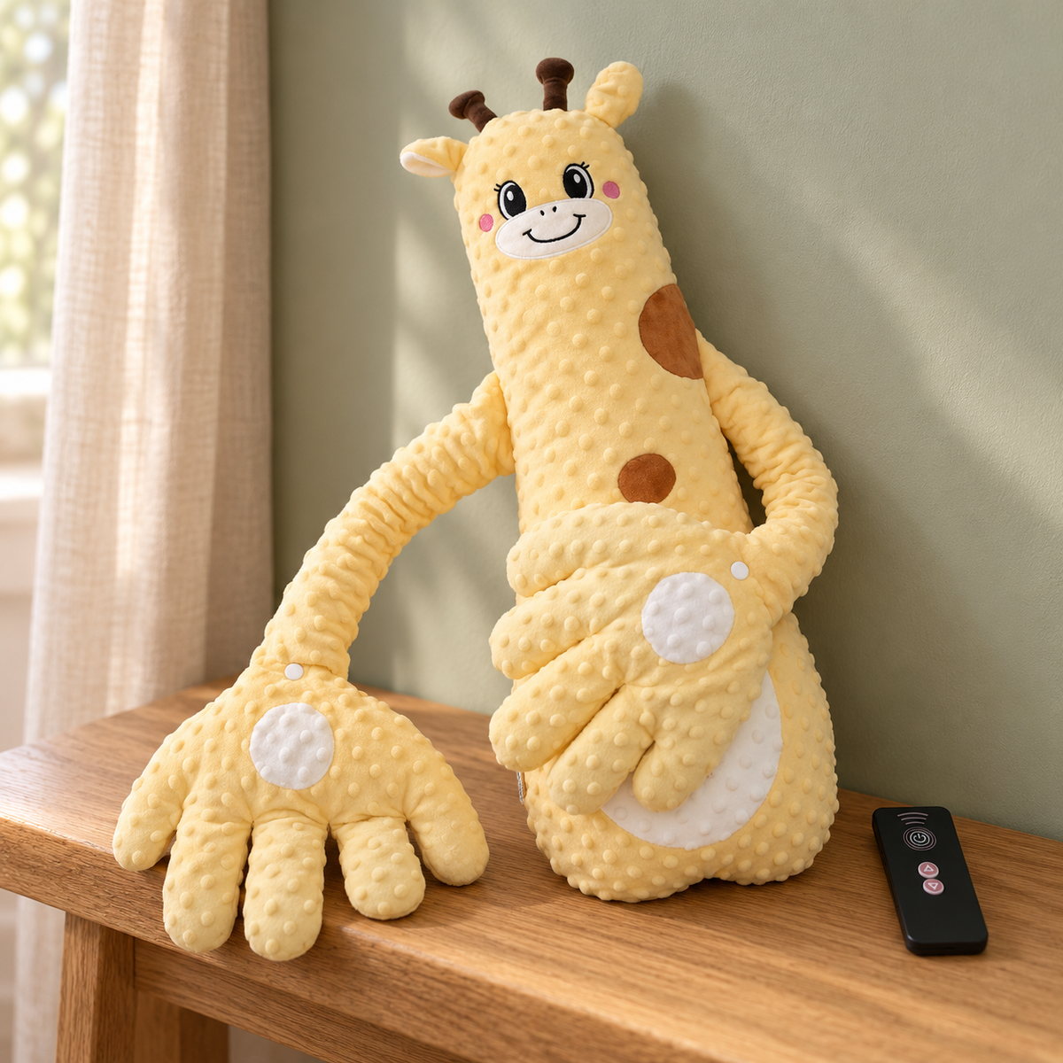 Peluche de palmadas diseño Jirafa amarillo con control en ambiente infantil