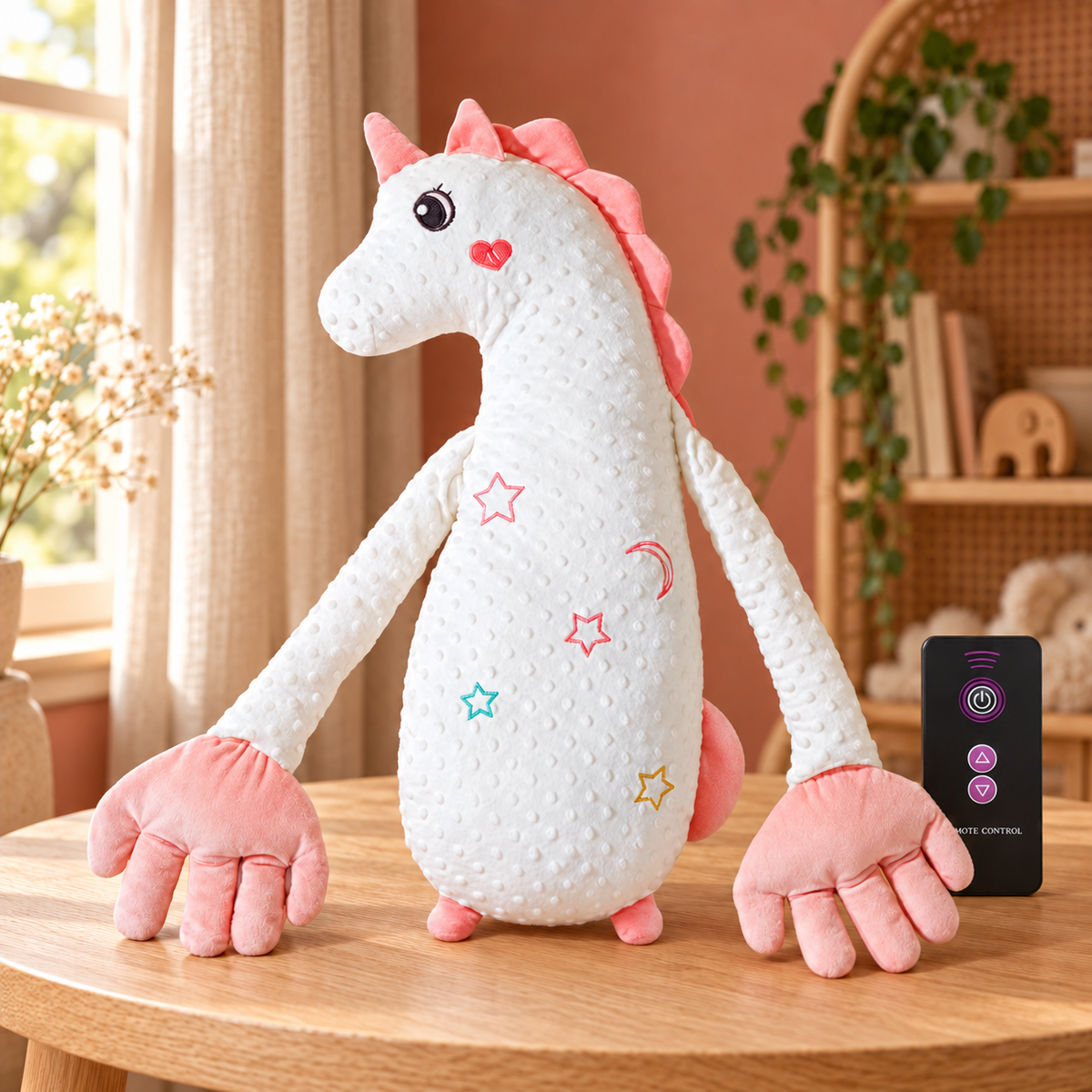 Peluche de palmadas Unicornio blanco y rosado, con dos patas y cola posterior
