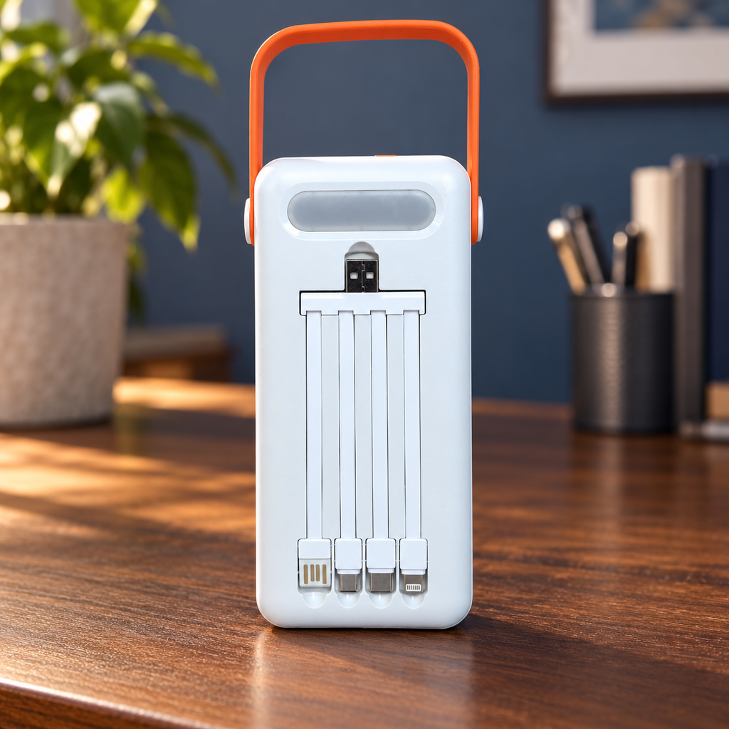 Vista trasera del power bank 637CX con cables integrados y linterna