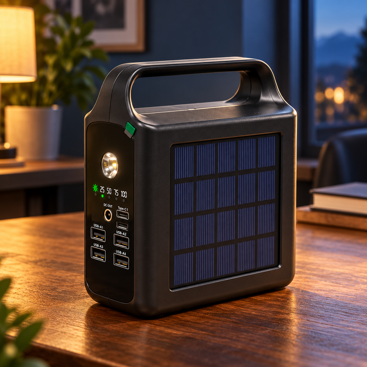 Power bank solar sobre escritorio con linterna integrada