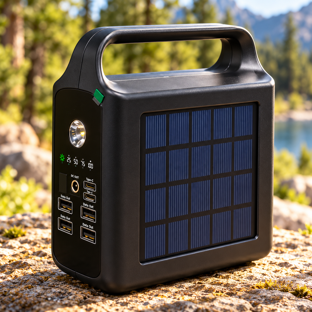 Detalle del panel solar, asa y conexiones del power bank