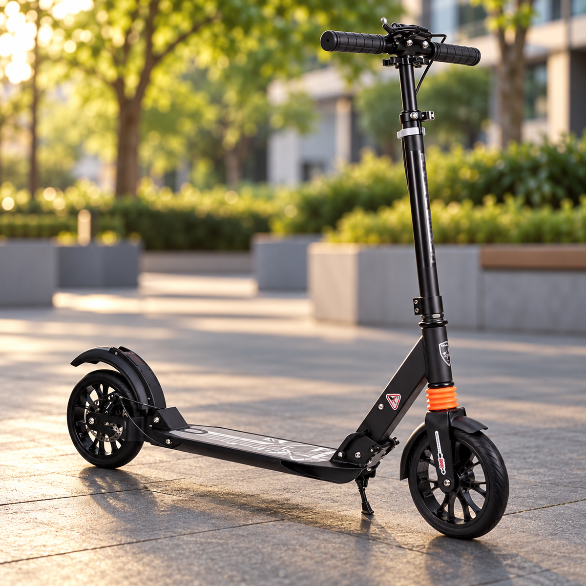 Scooter manual negra plegable con freno de disco en un parque