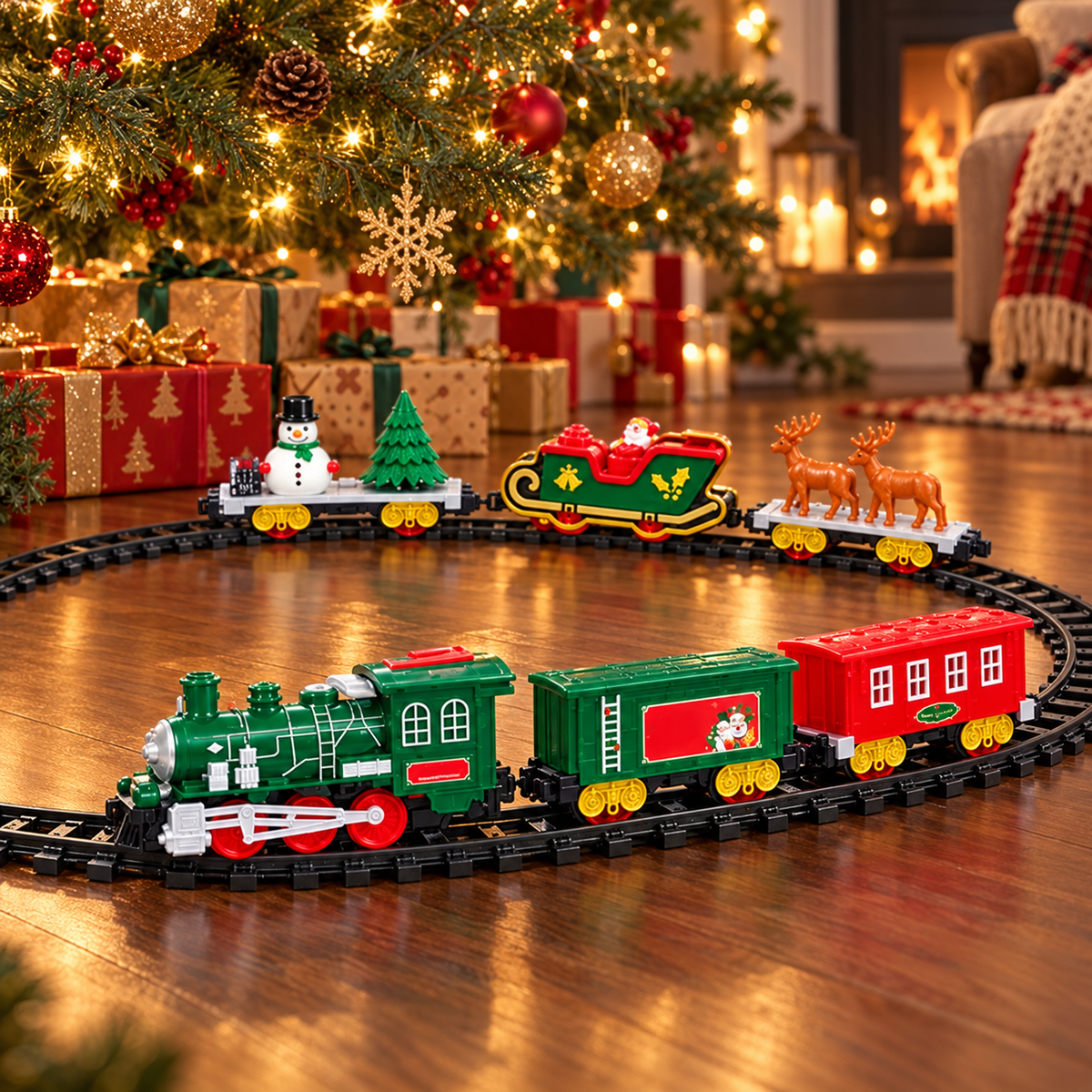 Tren navideño 6606B sobre rieles junto al árbol de Navidad