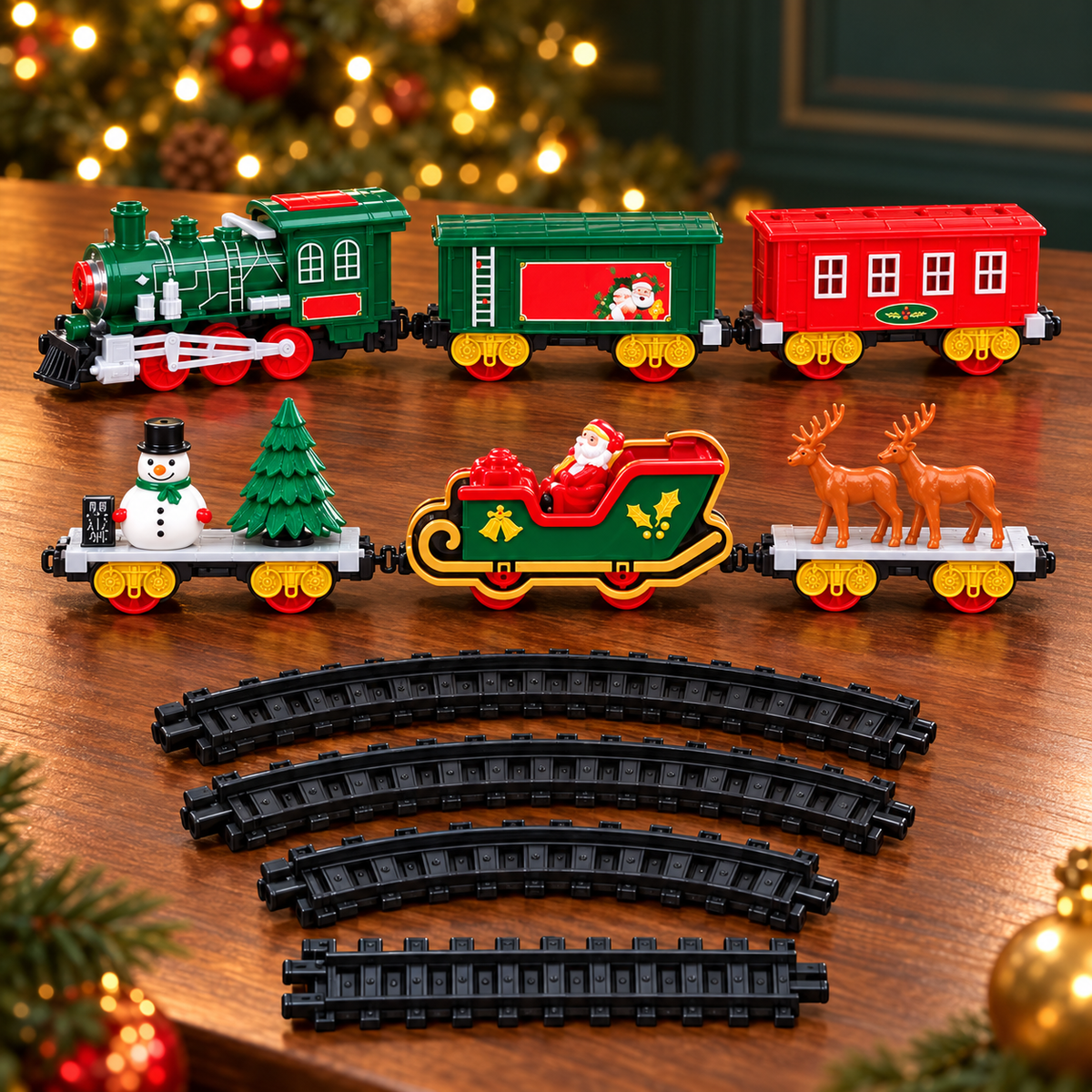 Locomotora, vagones navideños y rieles del set