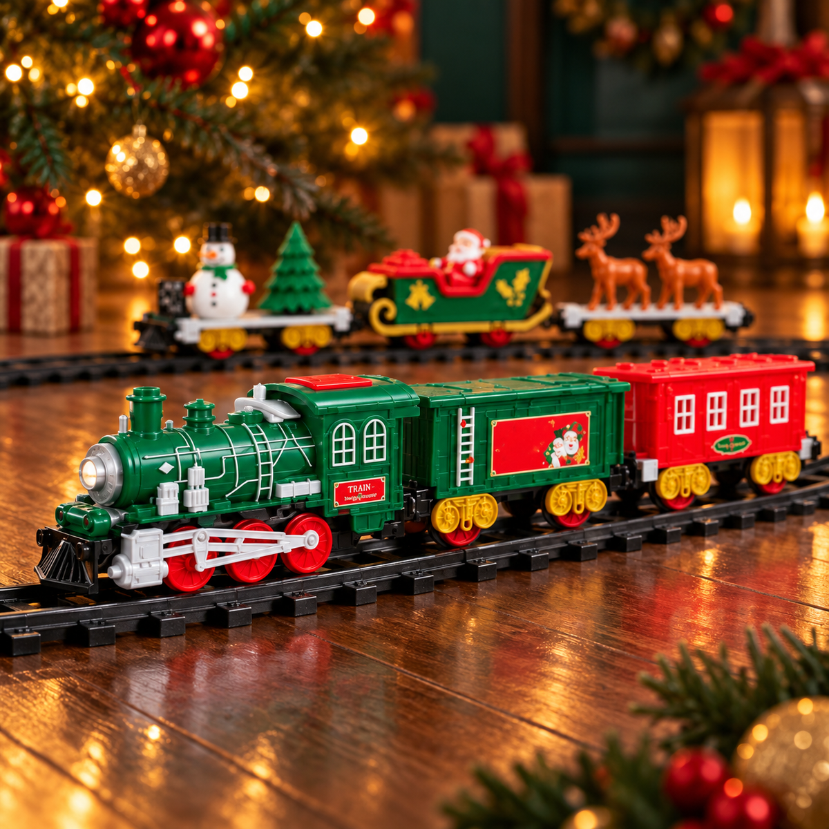 Detalle de la locomotora verde y sus vagones en ambiente navideño