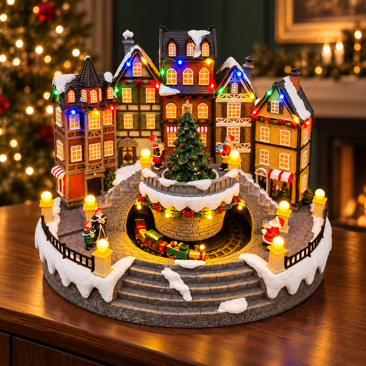Villa navideña con tren y árbol iluminados sobre una consola de madera en ambiente navideño