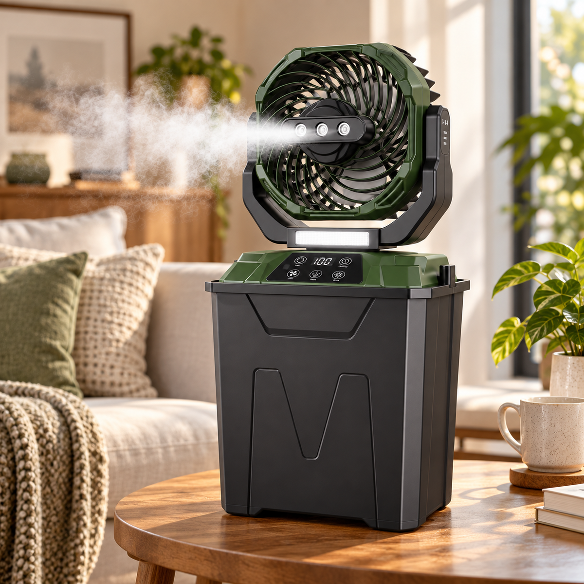 Ventilador T30 en sala con nebulización