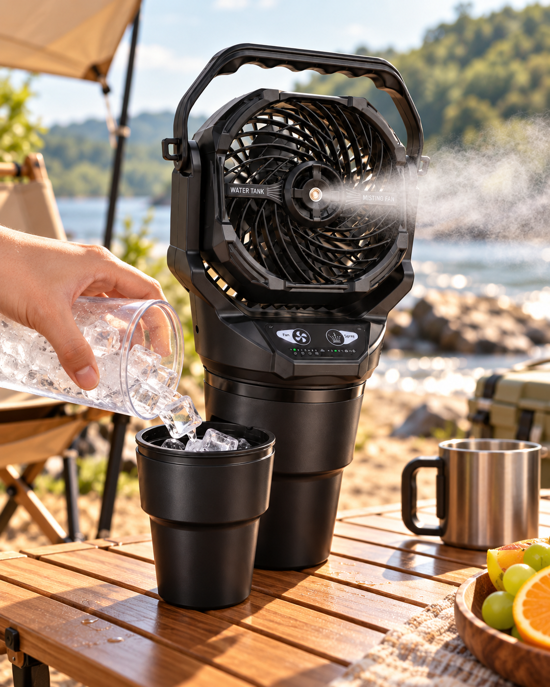 Ventilador T31 con agua fría en ambiente de camping