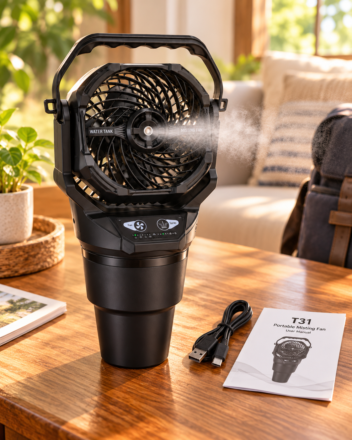 Ventilador T31 con cable USB-C y manual en ambiente real