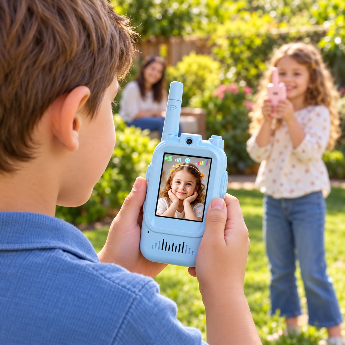 Escena ilustrativa de juego acompañado con el par de walkie talkies en un jardín