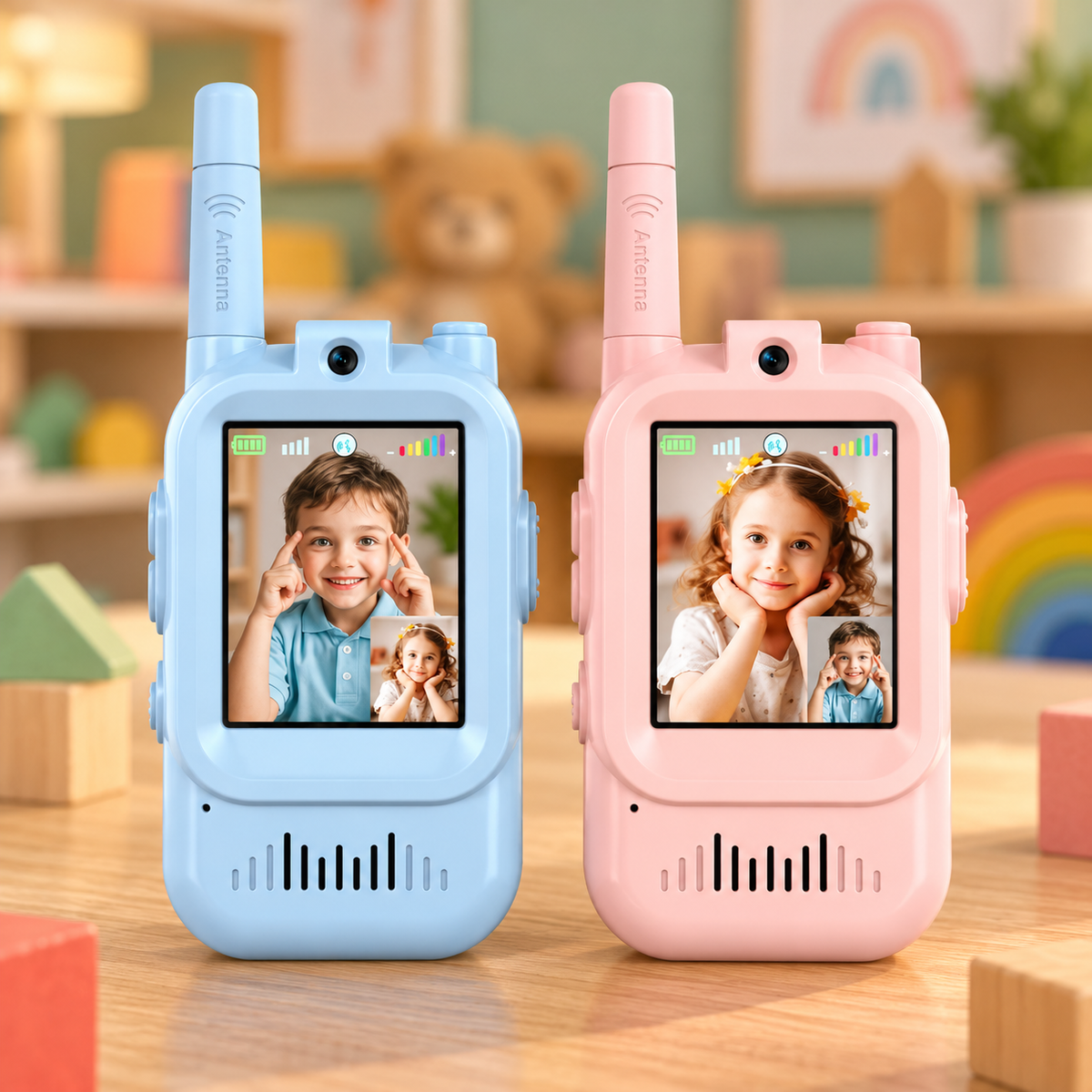 Par azul y rosado de walkie talkies infantiles con cámara y pantalla; imágenes de pantalla ilustrativas