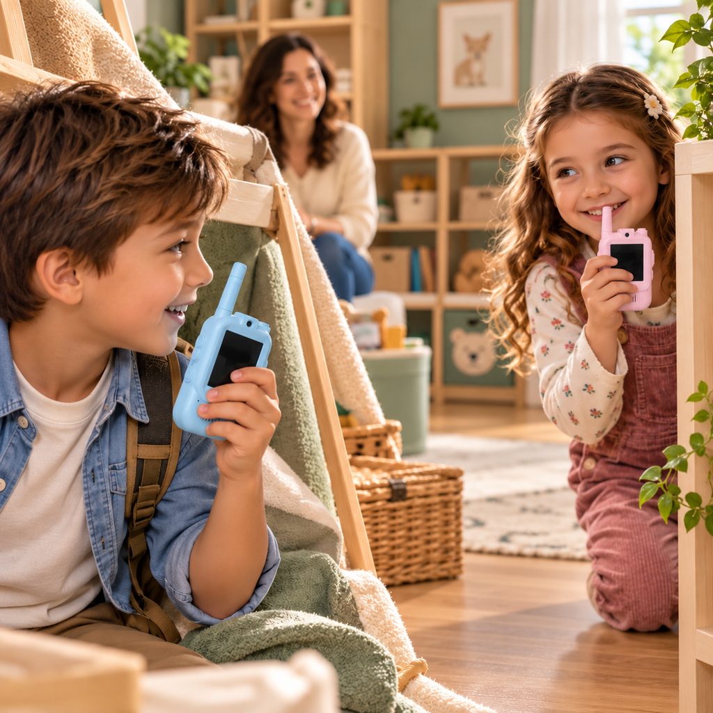 Escena ilustrativa de dos niños jugando con el par de walkie talkies azul y rosado y acompañamiento adulto