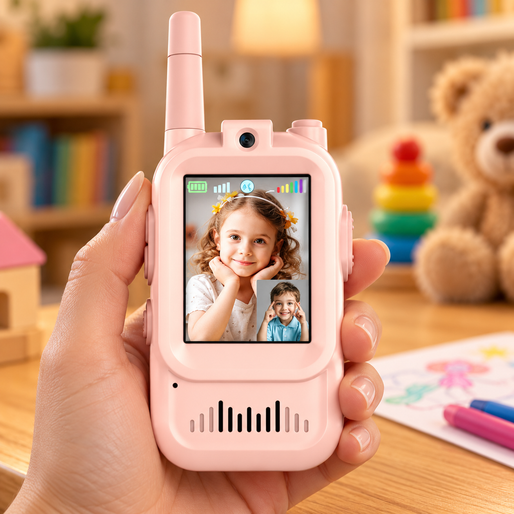 Pantalla a color del walkie talkie rosado con imagen de video ilustrativa