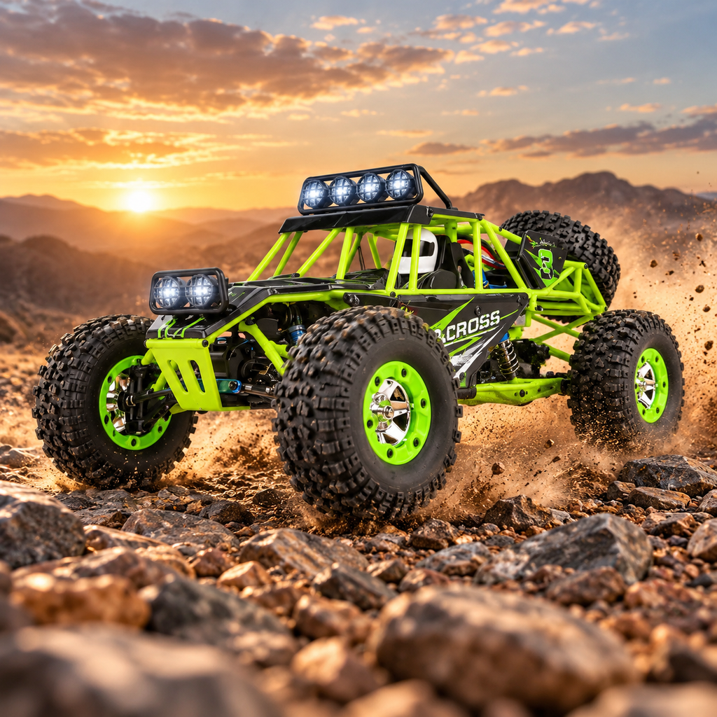 Carro RC Todoterreno WLtoys 12427 4x4 sobre terreno rocoso