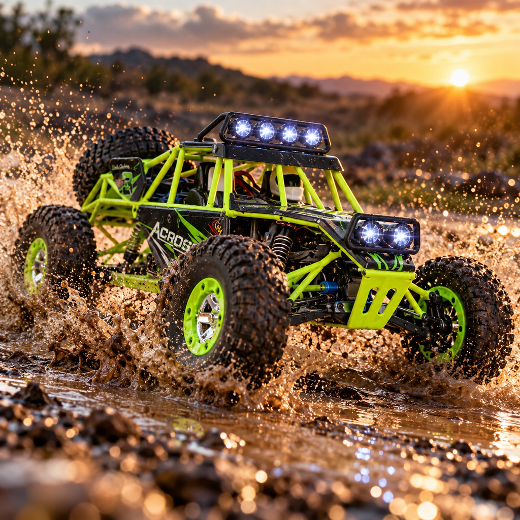 WLtoys 12427 atravesando un charco con tracción 4x4